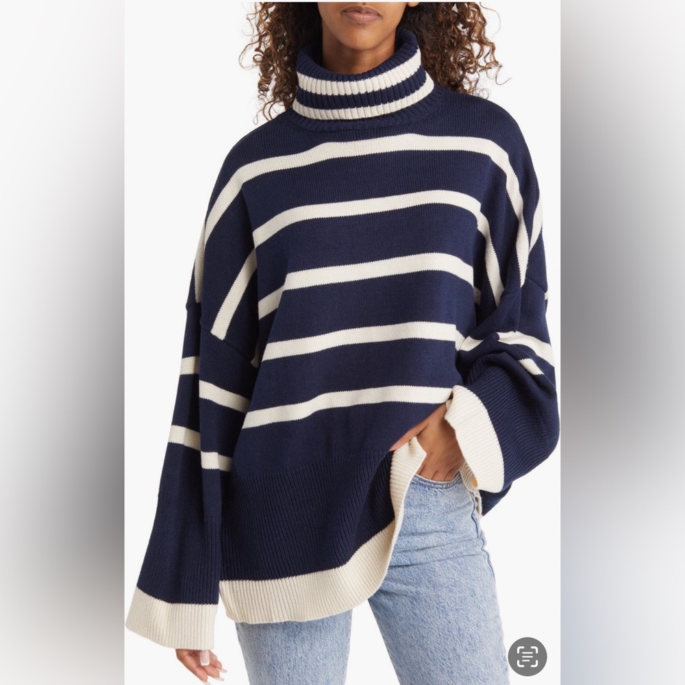 Topshop Navy and Cream Oversized Striped Turtleneck Sweater
